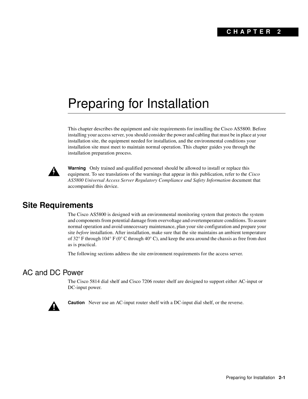 Cisco Systems AS5800 manual Site Requirements, AC and DC Power 