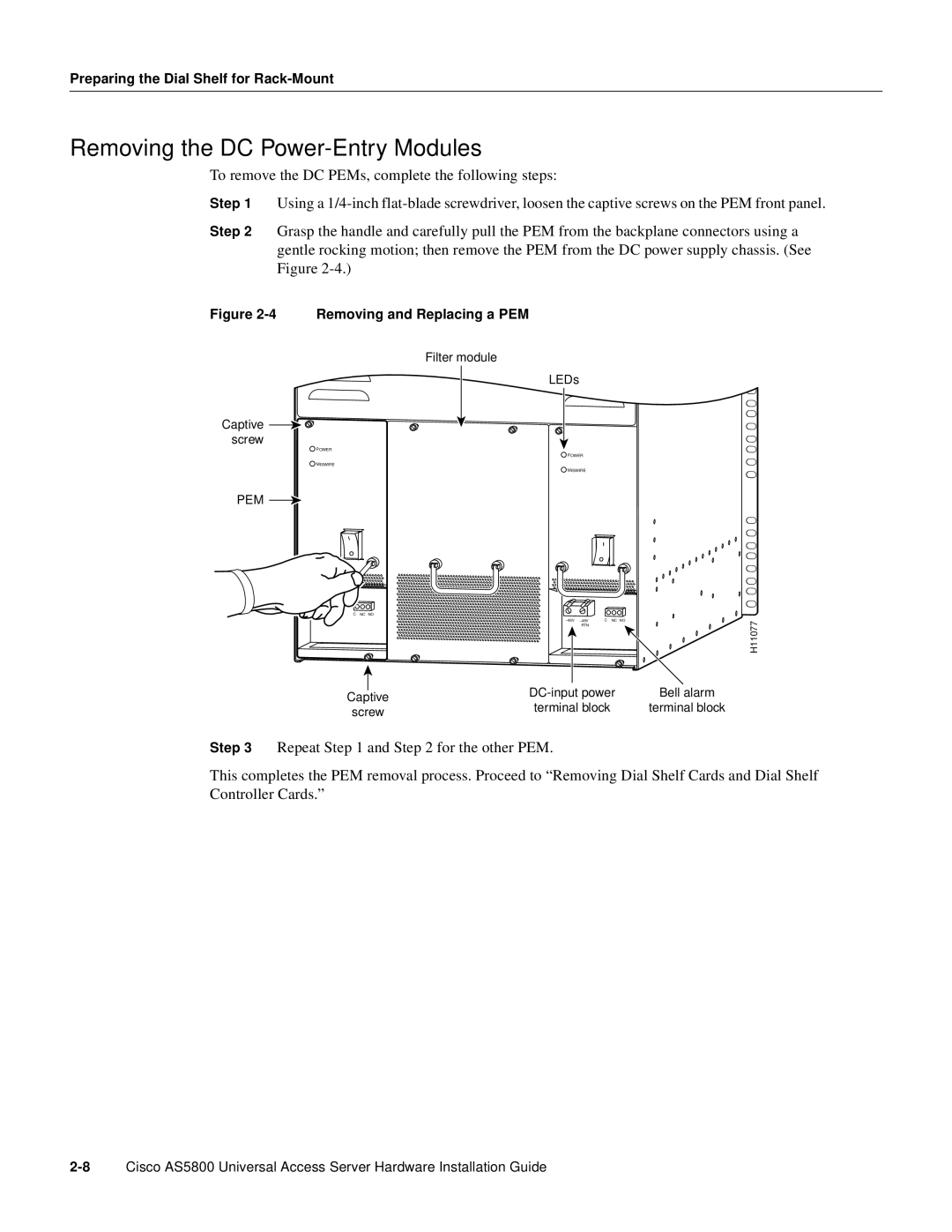 Cisco Systems AS5800 manual Removing the DC Power-Entry Modules, Removing and Replacing a PEM 