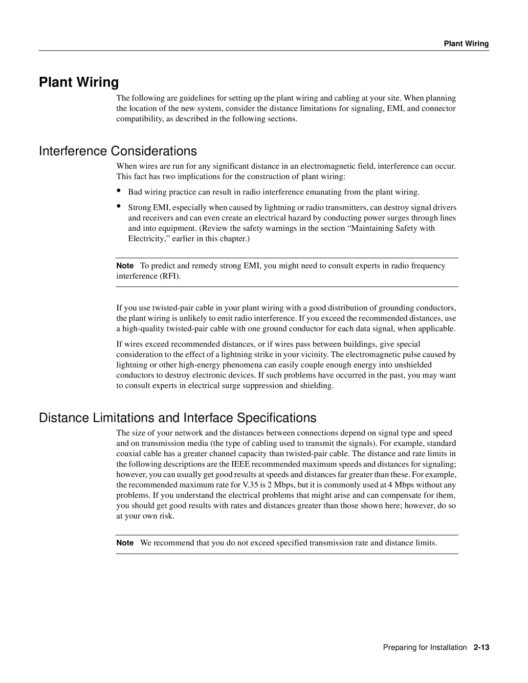 Cisco Systems AS5800 manual Plant Wiring, Interference Considerations, Distance Limitations and Interface Specifications 