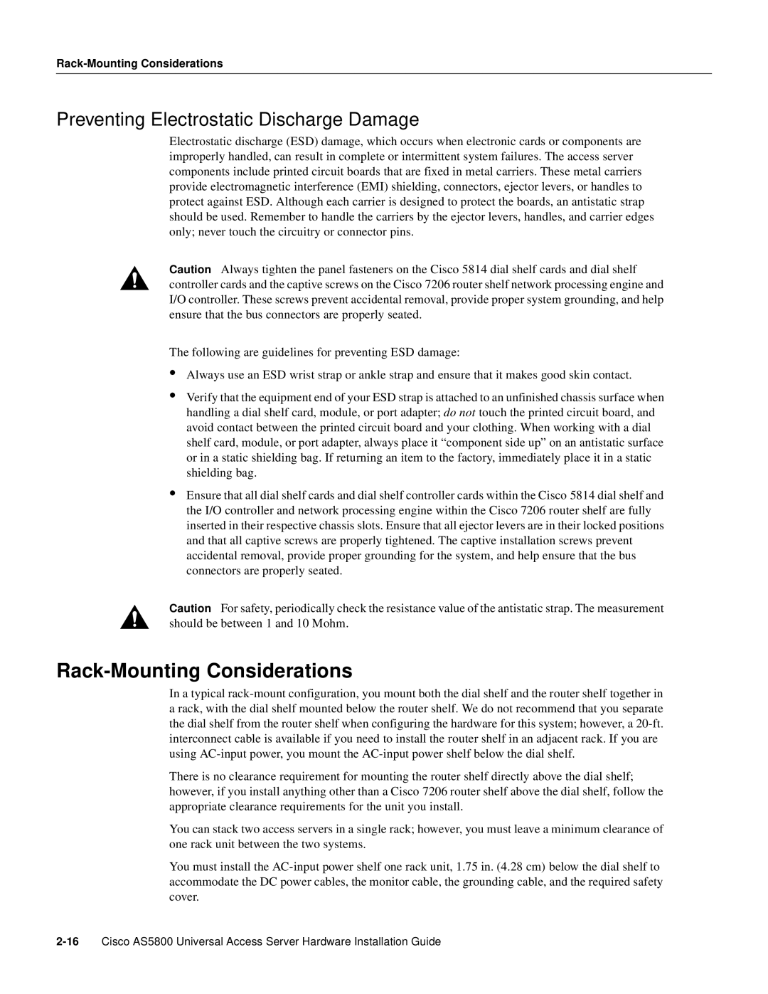 Cisco Systems AS5800 manual Rack-Mounting Considerations, Preventing Electrostatic Discharge Damage 