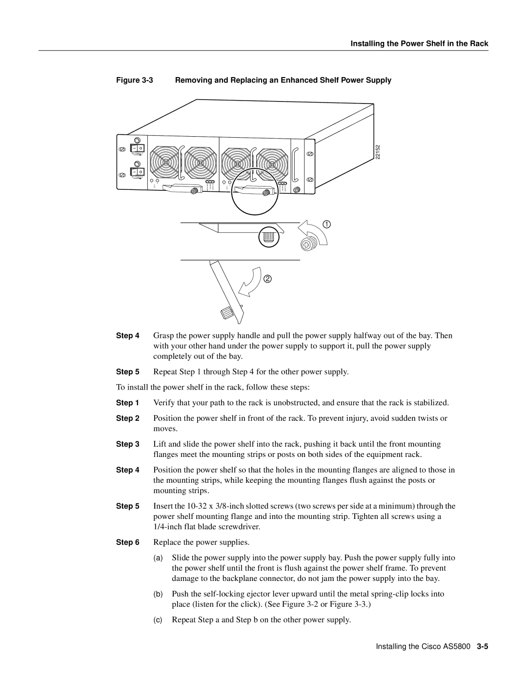 Cisco Systems AS5800 manual Removing and Replacing an Enhanced Shelf Power Supply 