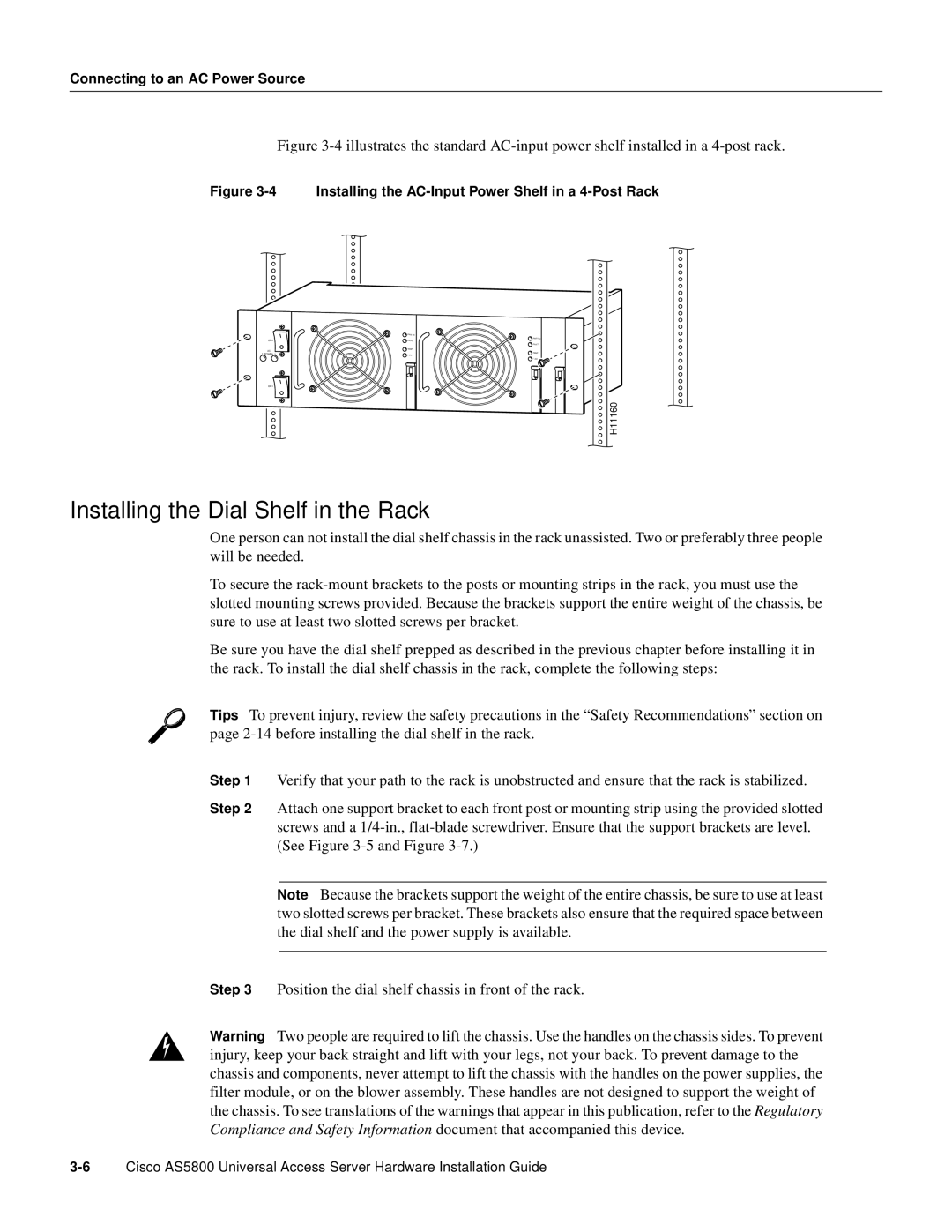 Cisco Systems AS5800 manual Installing the Dial Shelf in the Rack, Installing the AC-Input Power Shelf in a 4-Post Rack 