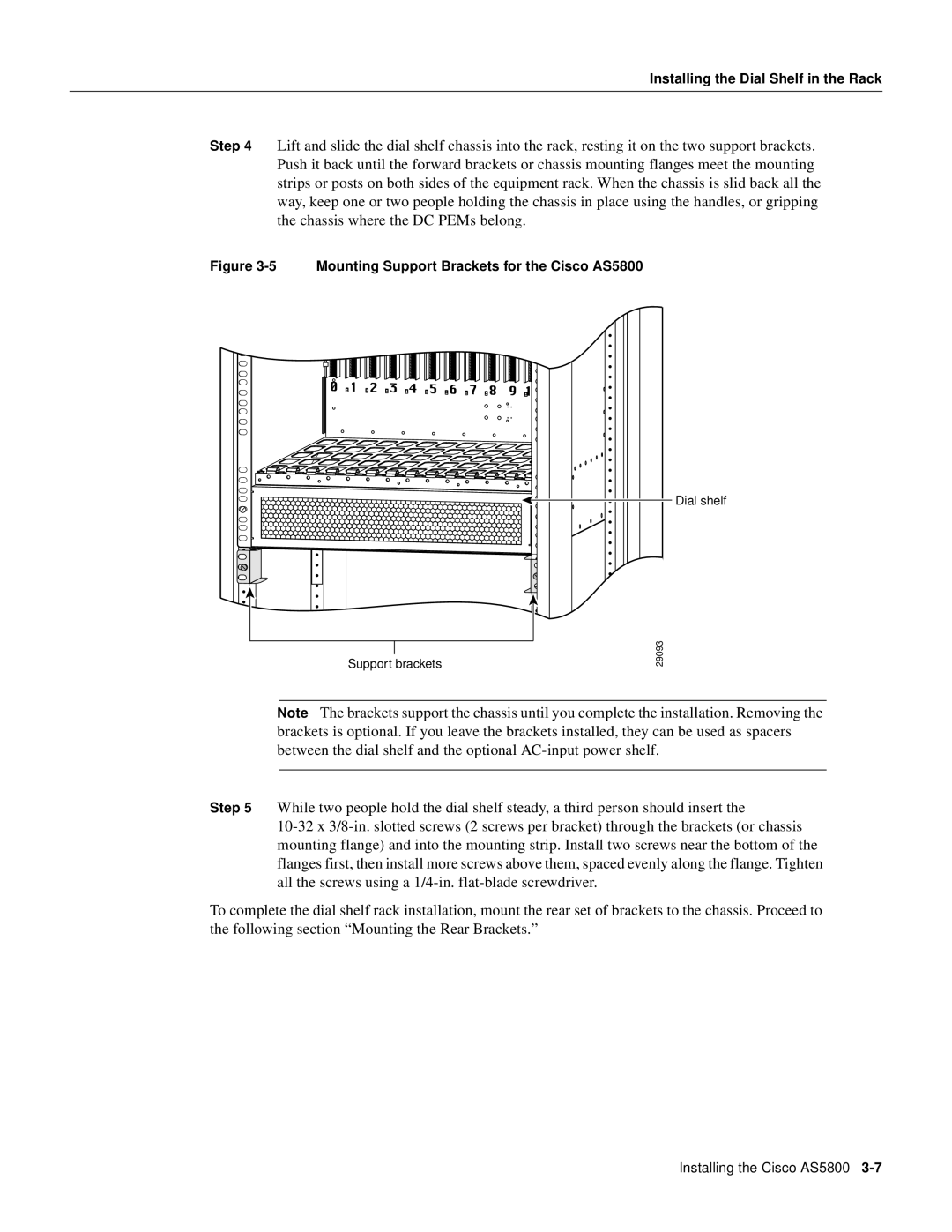 Cisco Systems manual Installing the Dial Shelf in the Rack, Mounting Support Brackets for the Cisco AS5800 