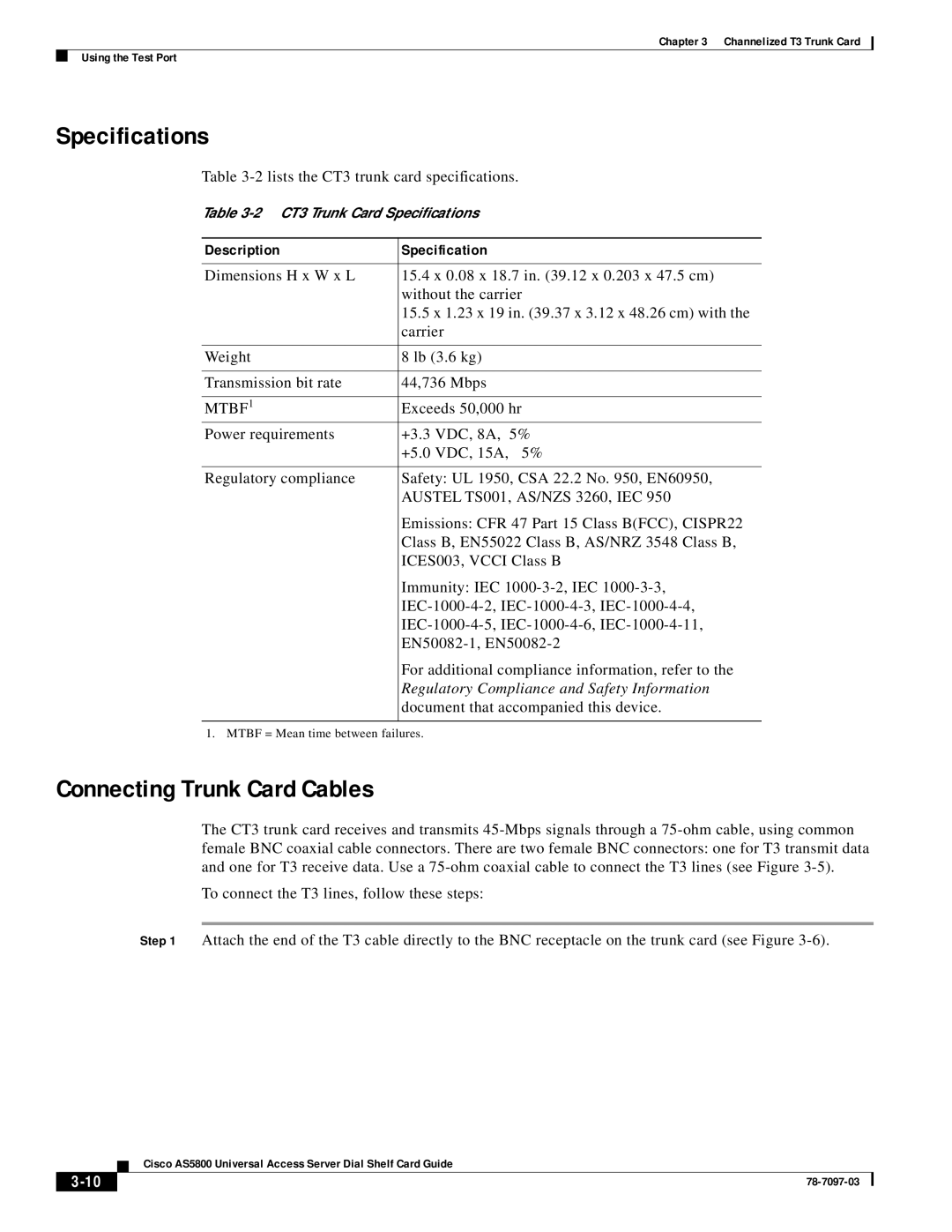 Cisco Systems AS5800 manual Specifications, Connecting Trunk Card Cables 