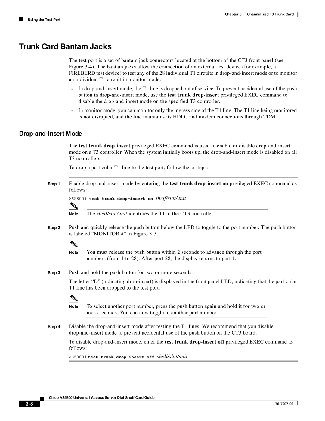Cisco Systems AS5800 manual Trunk Card Bantam Jacks, Drop-and-Insert Mode 