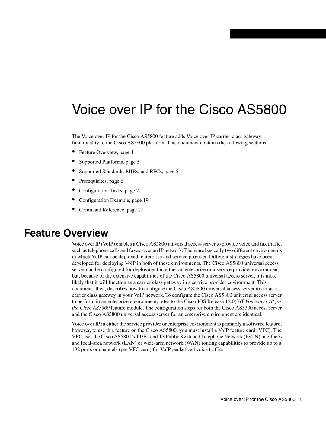 Cisco Systems manual Voice over IP for the Cisco AS5800, Feature Overview 