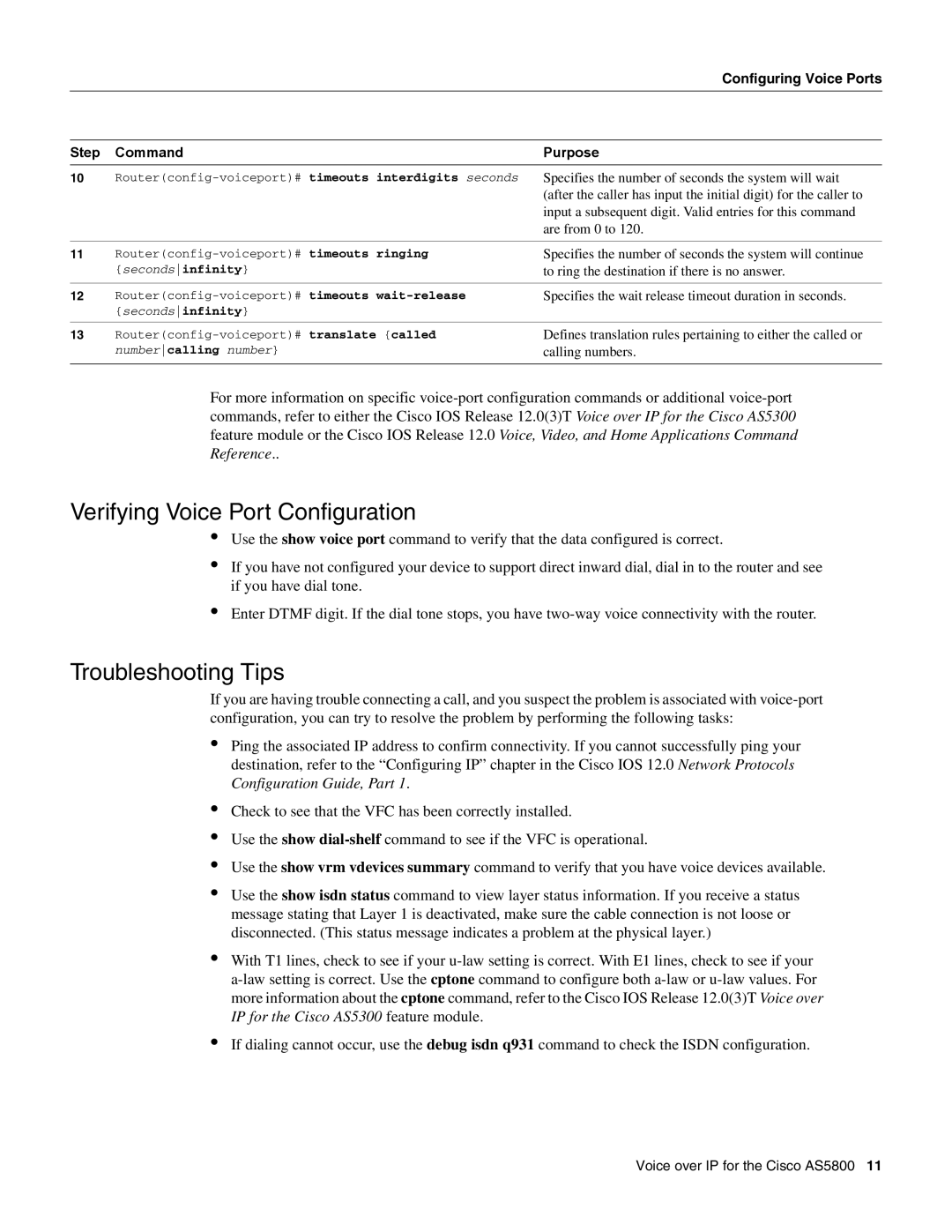 Cisco Systems AS5800 manual Verifying Voice Port Configuration, Troubleshooting Tips, Secondsinfinity 