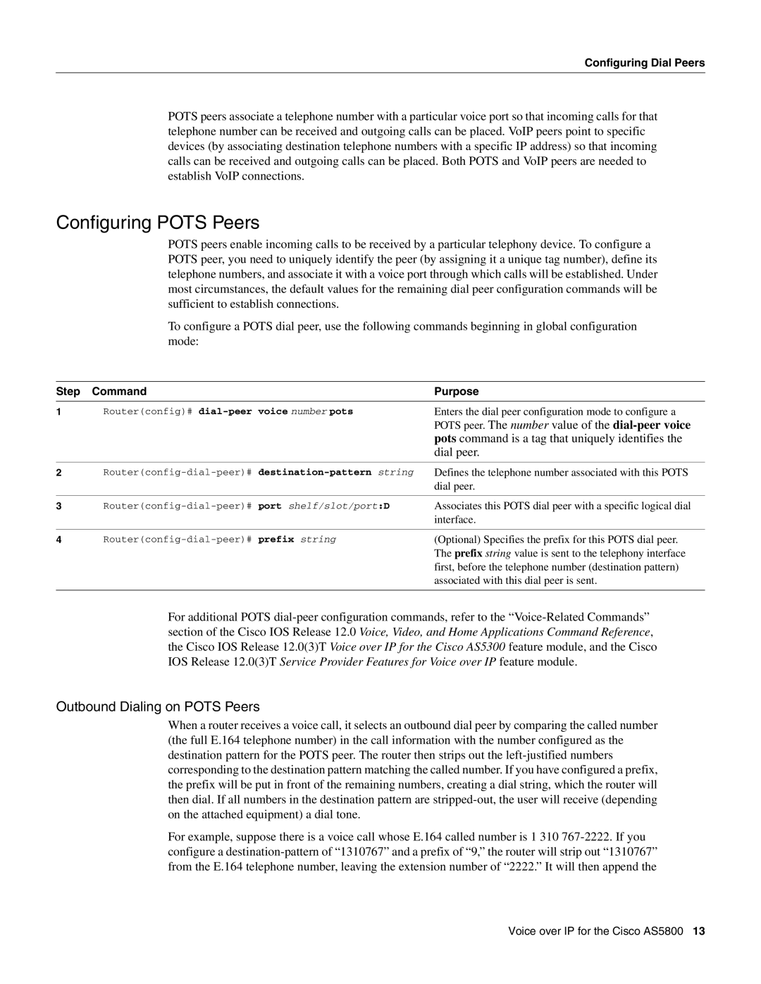 Cisco Systems AS5800 manual Configuring Pots Peers, Outbound Dialing on Pots Peers, Dial peer 