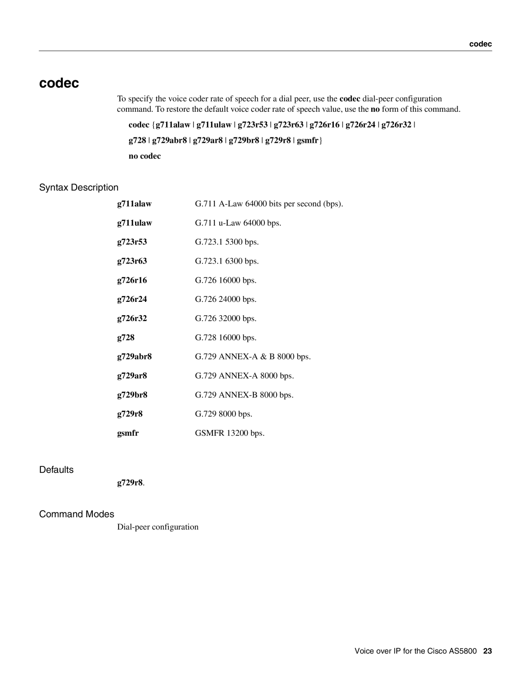 Cisco Systems AS5800 manual Codec, Syntax Description, Defaults, Command Modes 