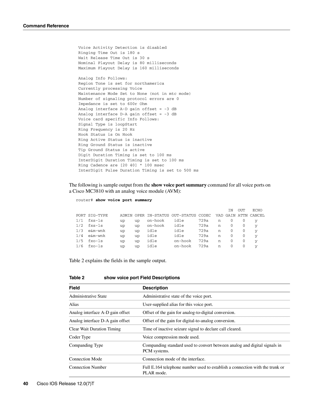 Cisco Systems AS5800 manual Explains the fields in the sample output, Show voice port Field Descriptions, Summary 