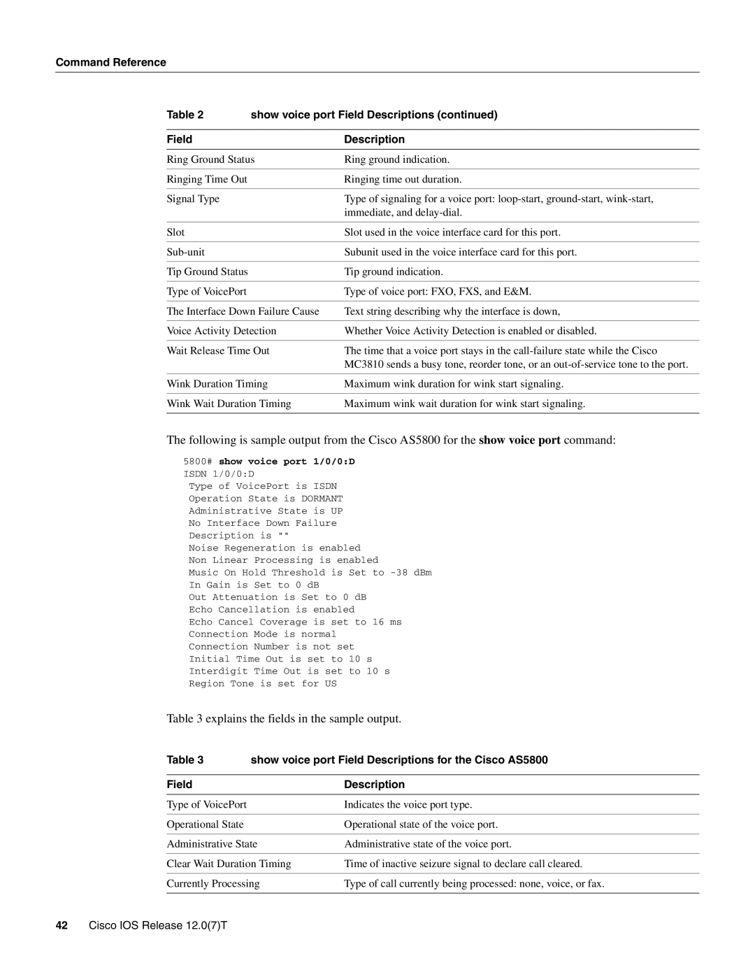 Cisco Systems AS5800 manual Command Reference Show voice port Field Descriptions, 5800# show voice port 1/0/0D Isdn 1/0/0D 