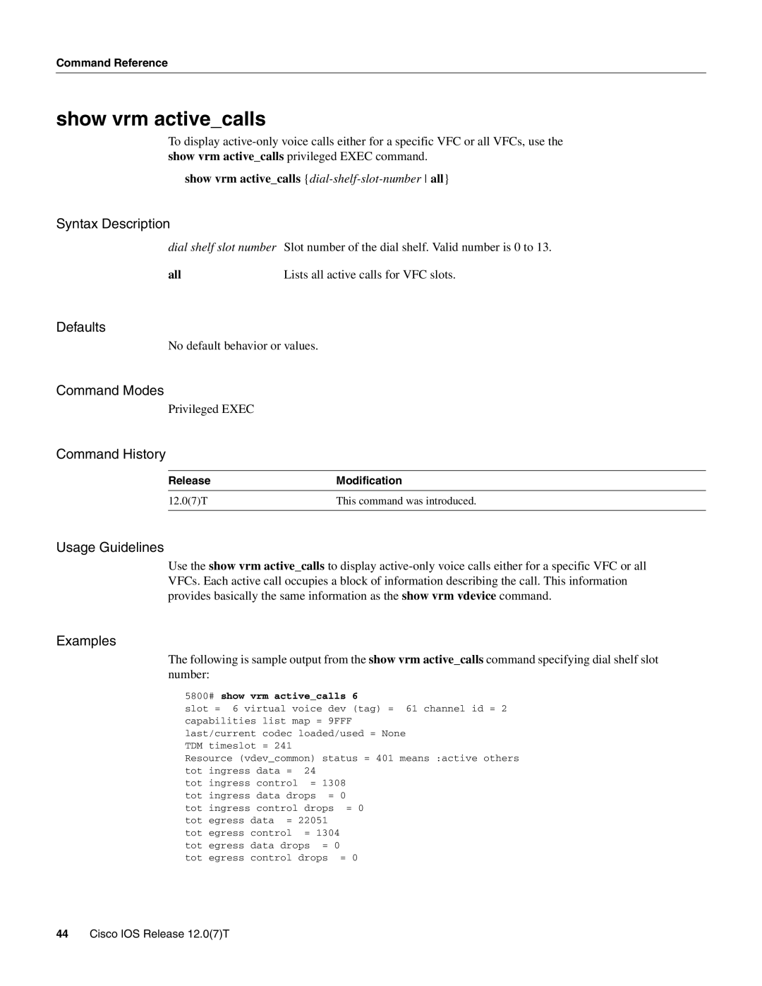 Cisco Systems AS5800 manual Show vrm activecalls, ReleaseModification, 5800# show vrm activecalls 