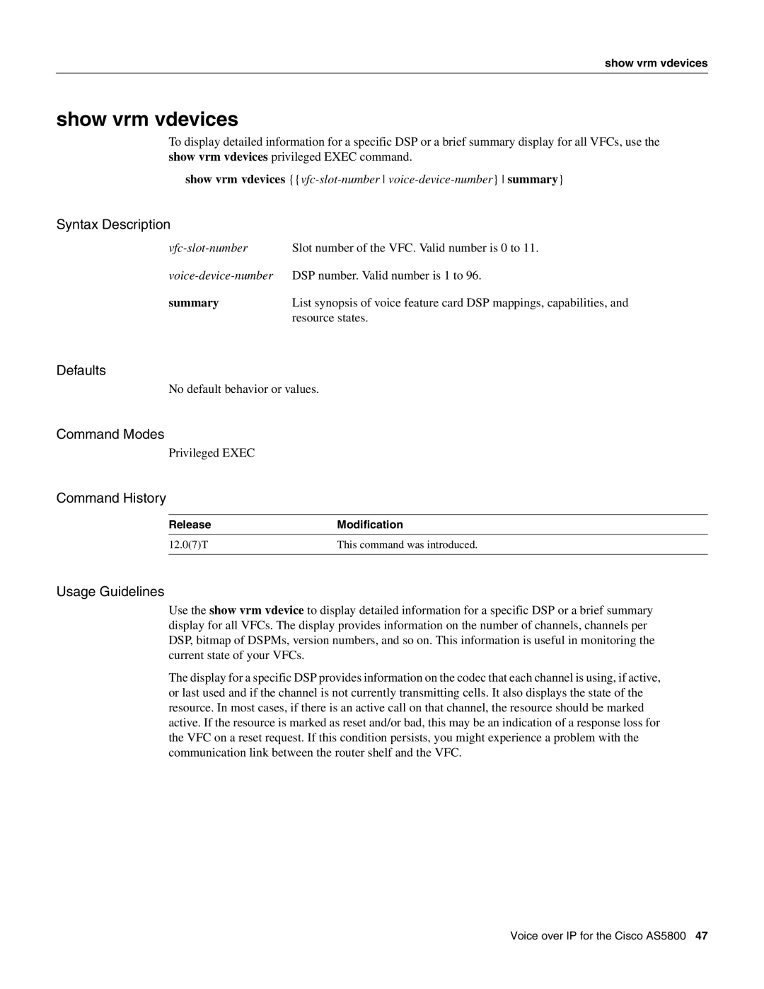 Cisco Systems AS5800 manual Show vrm vdevices 