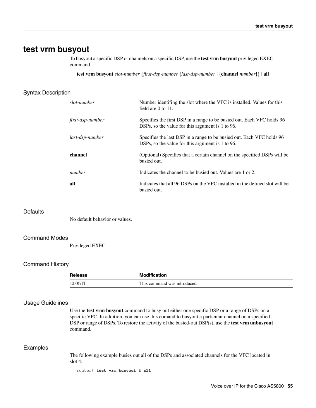 Cisco Systems AS5800 manual Test vrm busyout, Router# test vrm busyout 4 all 