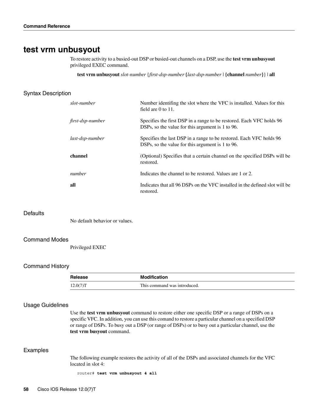 Cisco Systems AS5800 manual Test vrm unbusyout, Router# test vrm unbusyout 4 all 