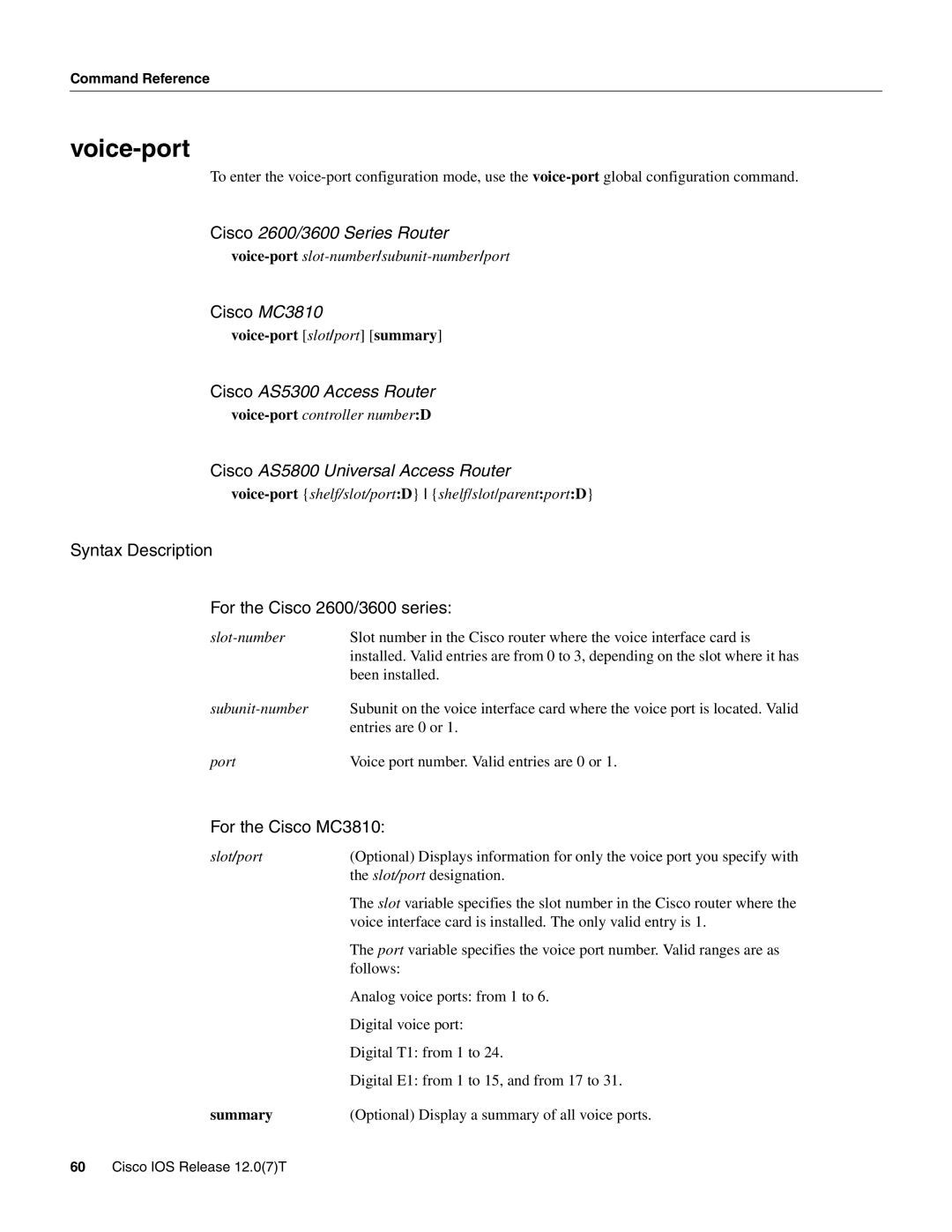 Cisco Systems AS5800 manual Voice-port, Cisco MC3810 