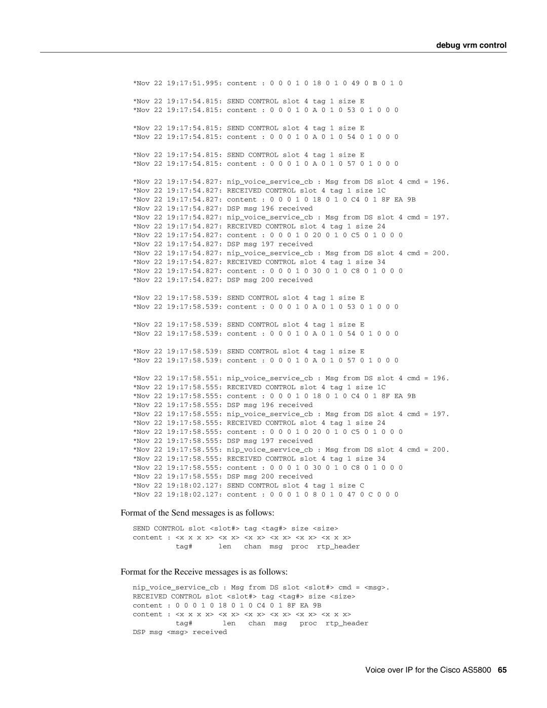 Cisco Systems AS5800 manual Format of the Send messages is as follows, Format for the Receive messages is as follows 