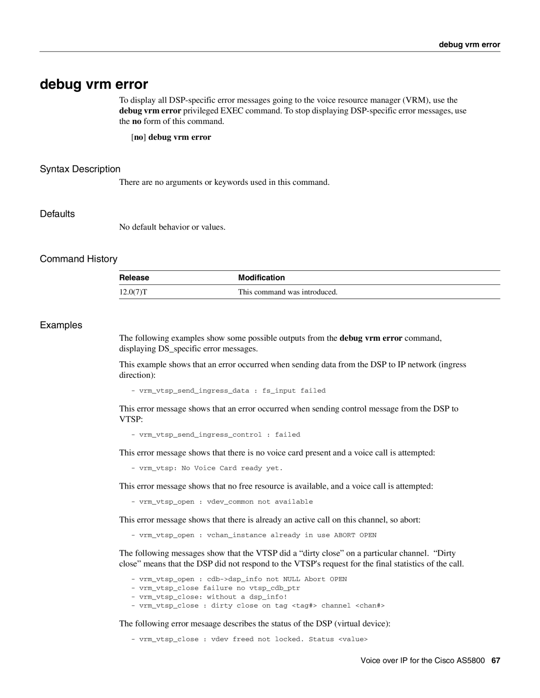 Cisco Systems AS5800 manual Debug vrm error 
