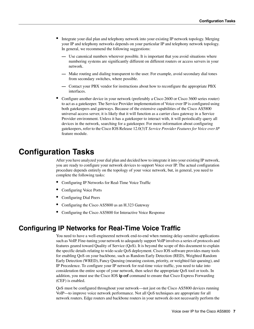 Cisco Systems AS5800 manual Configuration Tasks, Configuring IP Networks for Real-Time Voice Traffic 