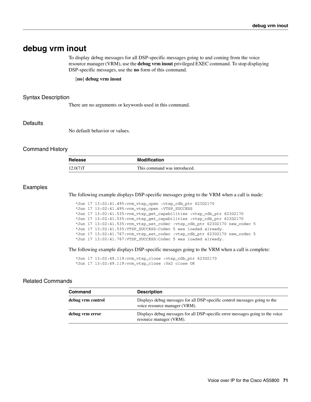 Cisco Systems AS5800 manual Debug vrm inout 