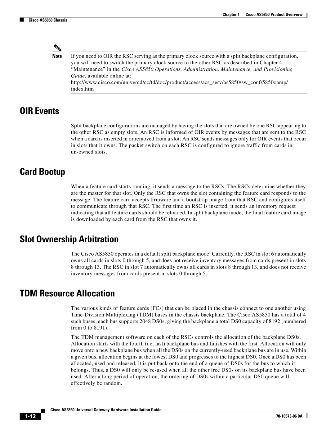 Cisco Systems AS5850 manual OIR Events, Card Bootup, Slot Ownership Arbitration, TDM Resource Allocation 