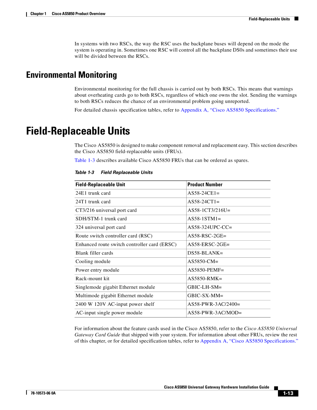 Cisco Systems AS5850 manual Field-Replaceable Units, Environmental Monitoring, Field-Replaceable Unit Product Number 