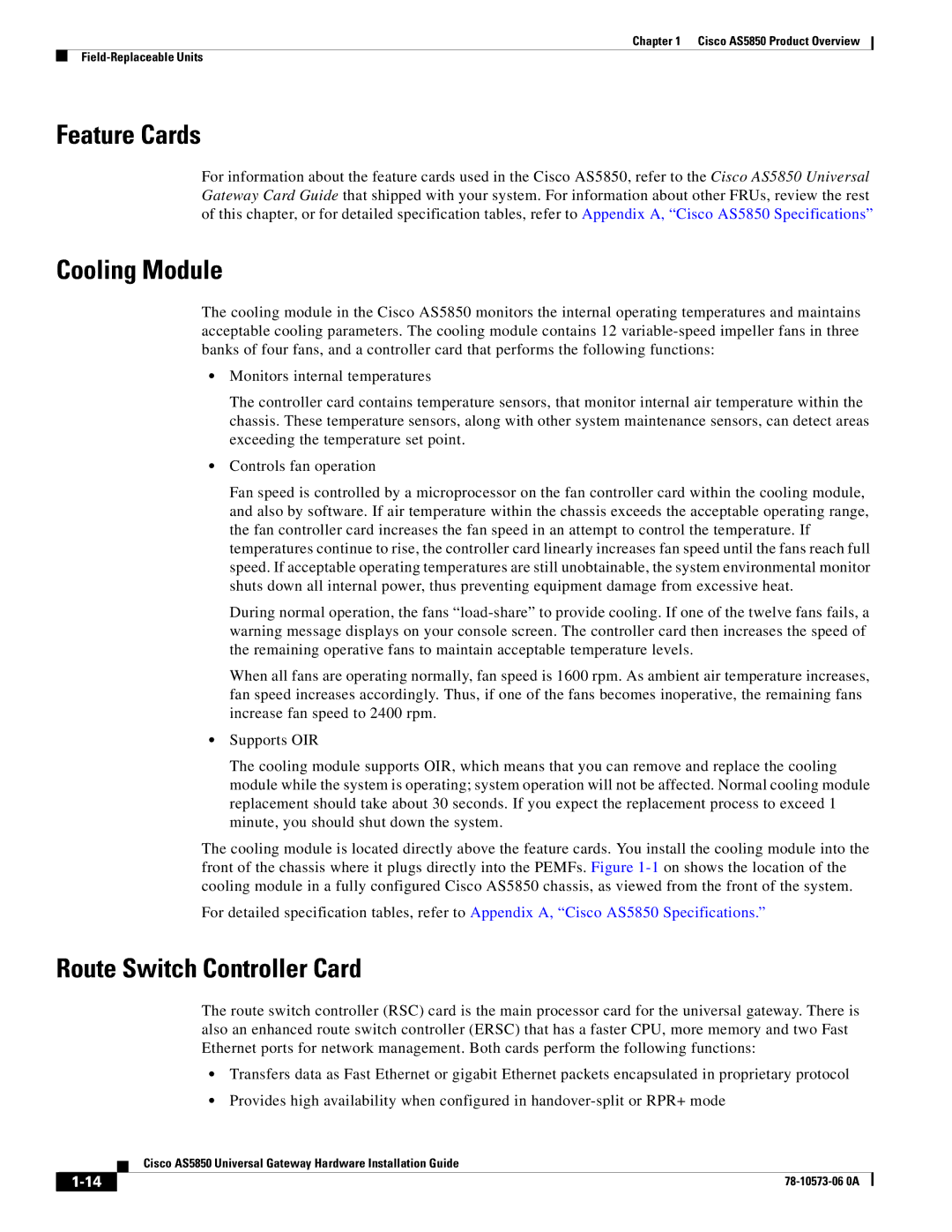 Cisco Systems AS5850 manual Feature Cards, Cooling Module, Route Switch Controller Card 