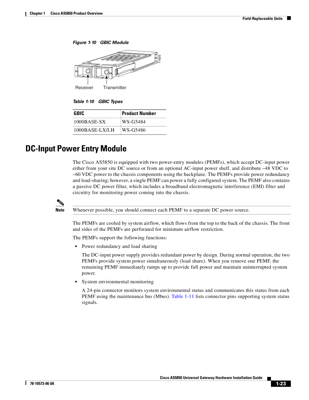 Cisco Systems AS5850 manual DC-Input Power Entry Module, 1000BASE-LX/LH 