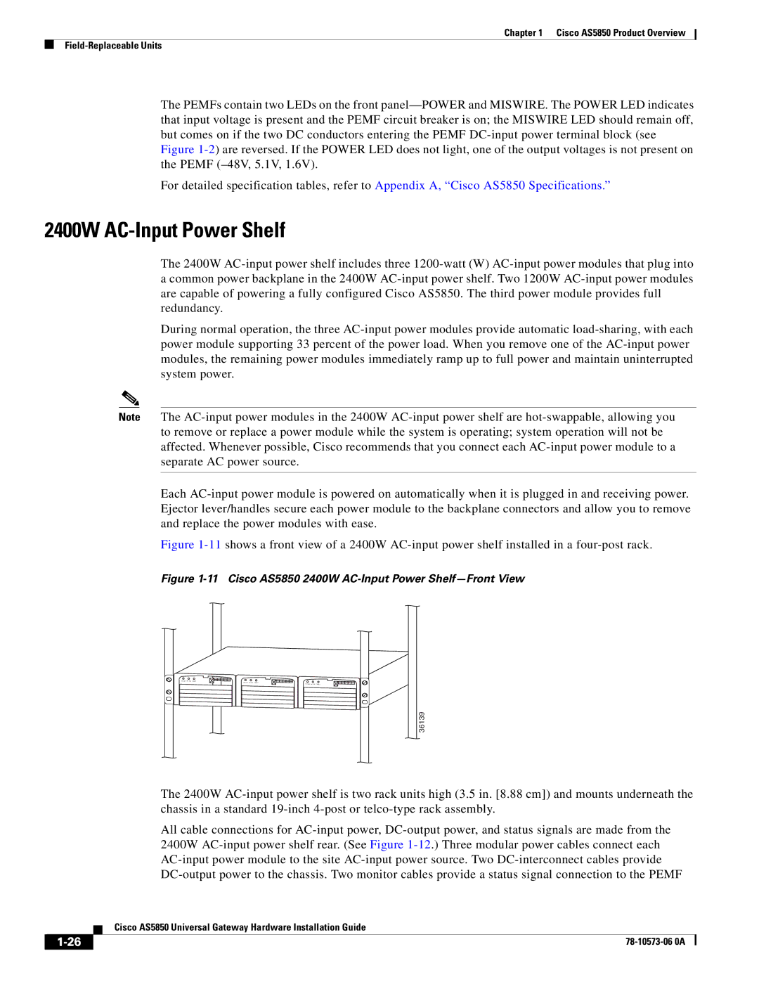 Cisco Systems manual Cisco AS5850 2400W AC-Input Power Shelf-Front View 