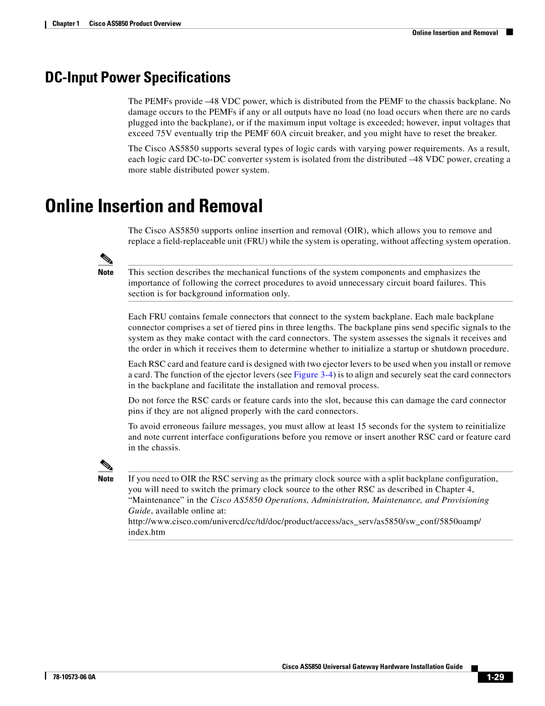 Cisco Systems AS5850 manual Online Insertion and Removal, DC-Input Power Specifications 