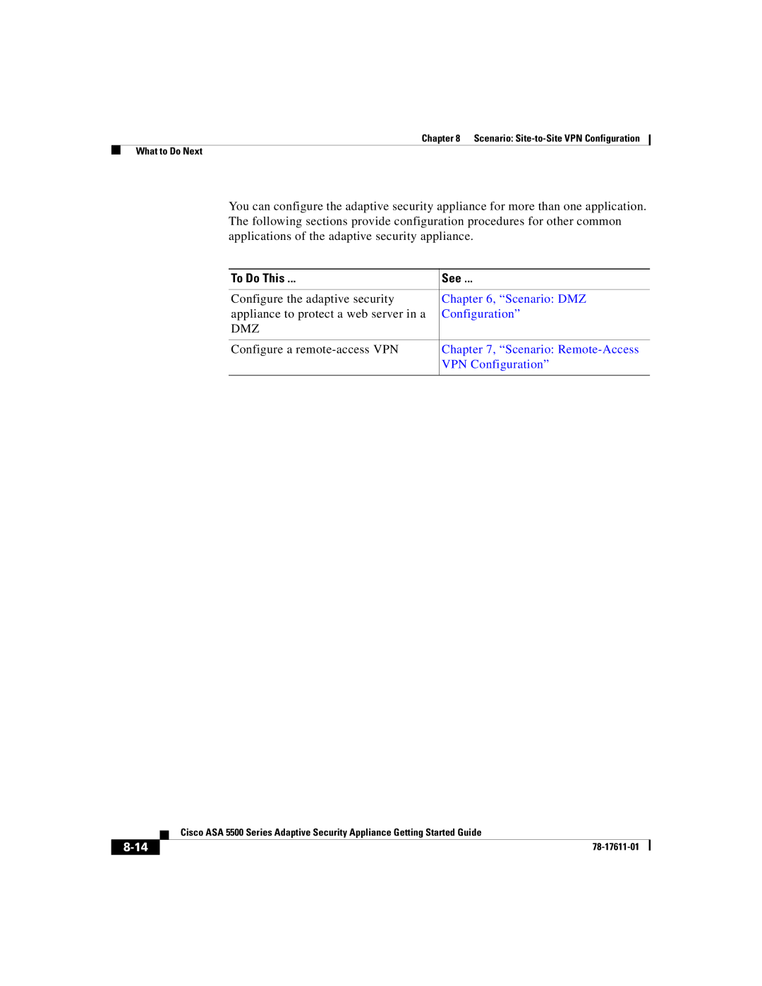 Cisco Systems ASA 5500 manual Scenario Site-to-Site VPN Configuration What to Do Next 