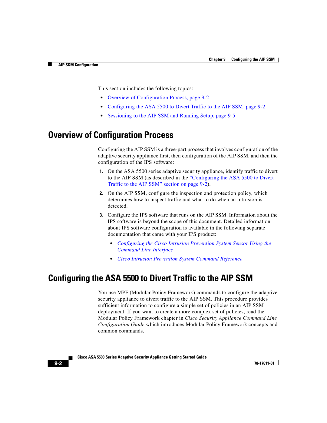 Cisco Systems manual Overview of Configuration Process, Configuring the ASA 5500 to Divert Traffic to the AIP SSM 