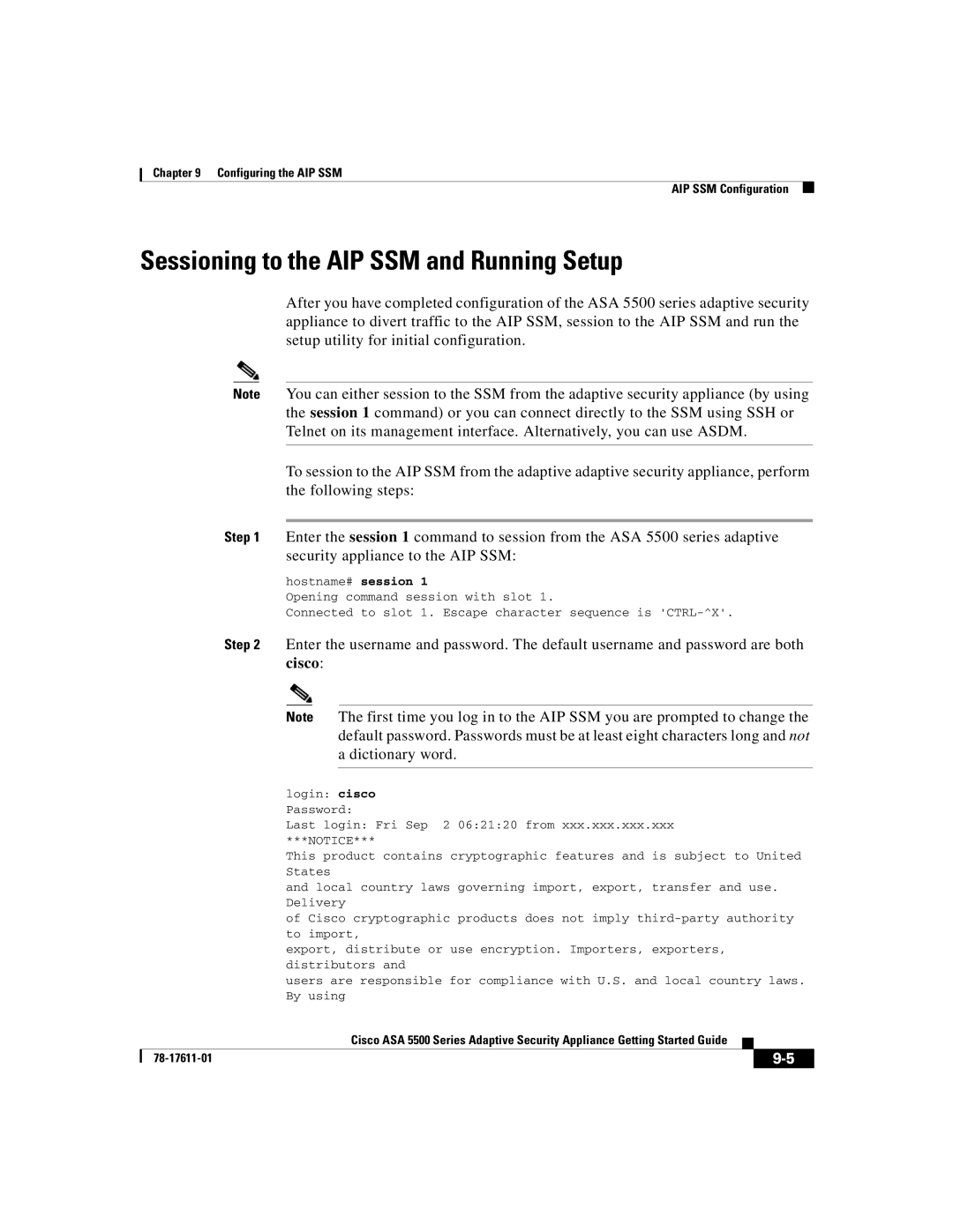 Cisco Systems ASA 5500 manual Sessioning to the AIP SSM and Running Setup, Cisco 