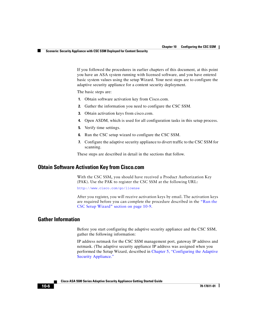 Cisco Systems ASA 5500 manual Obtain Software Activation Key from Cisco.com, Gather Information, 10-6 