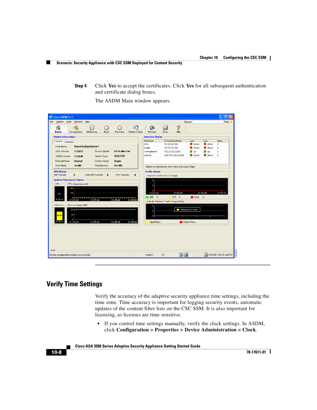 Cisco Systems ASA 5500 manual Verify Time Settings, 10-8 