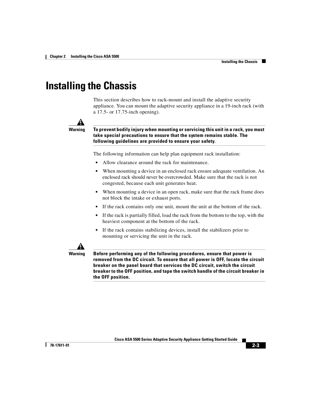 Cisco Systems ASA 5500 manual Installing the Chassis 