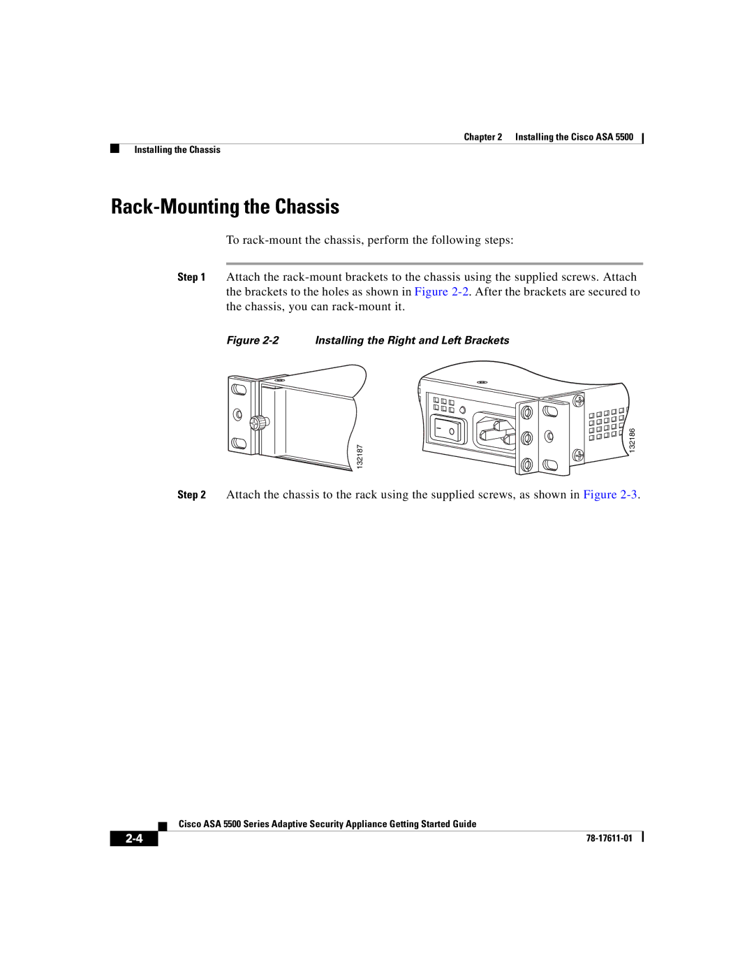 Cisco Systems ASA 5500 manual Rack-Mounting the Chassis, Installing the Right and Left Brackets 