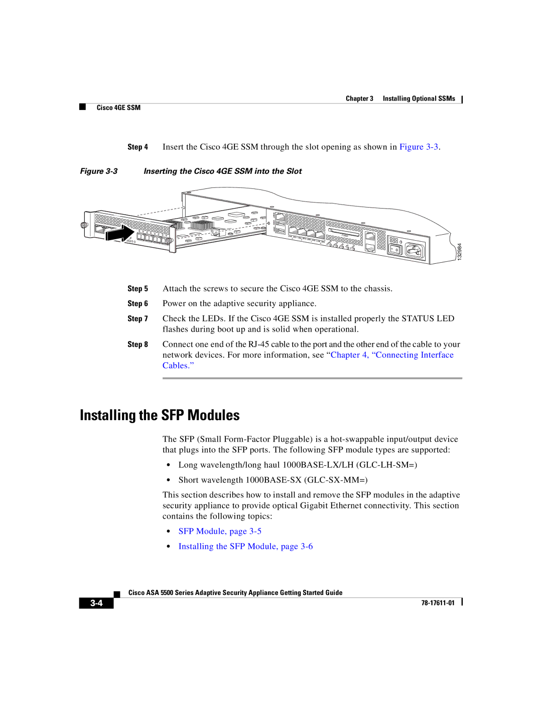 Cisco Systems ASA 5500 manual Installing the SFP Modules, SFP Module, Installing the SFP Module 