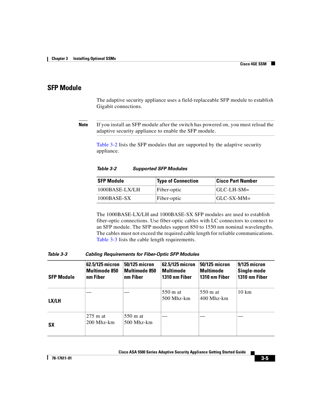 Cisco Systems ASA 5500 manual SFP Module Type of Connection Cisco Part Number 