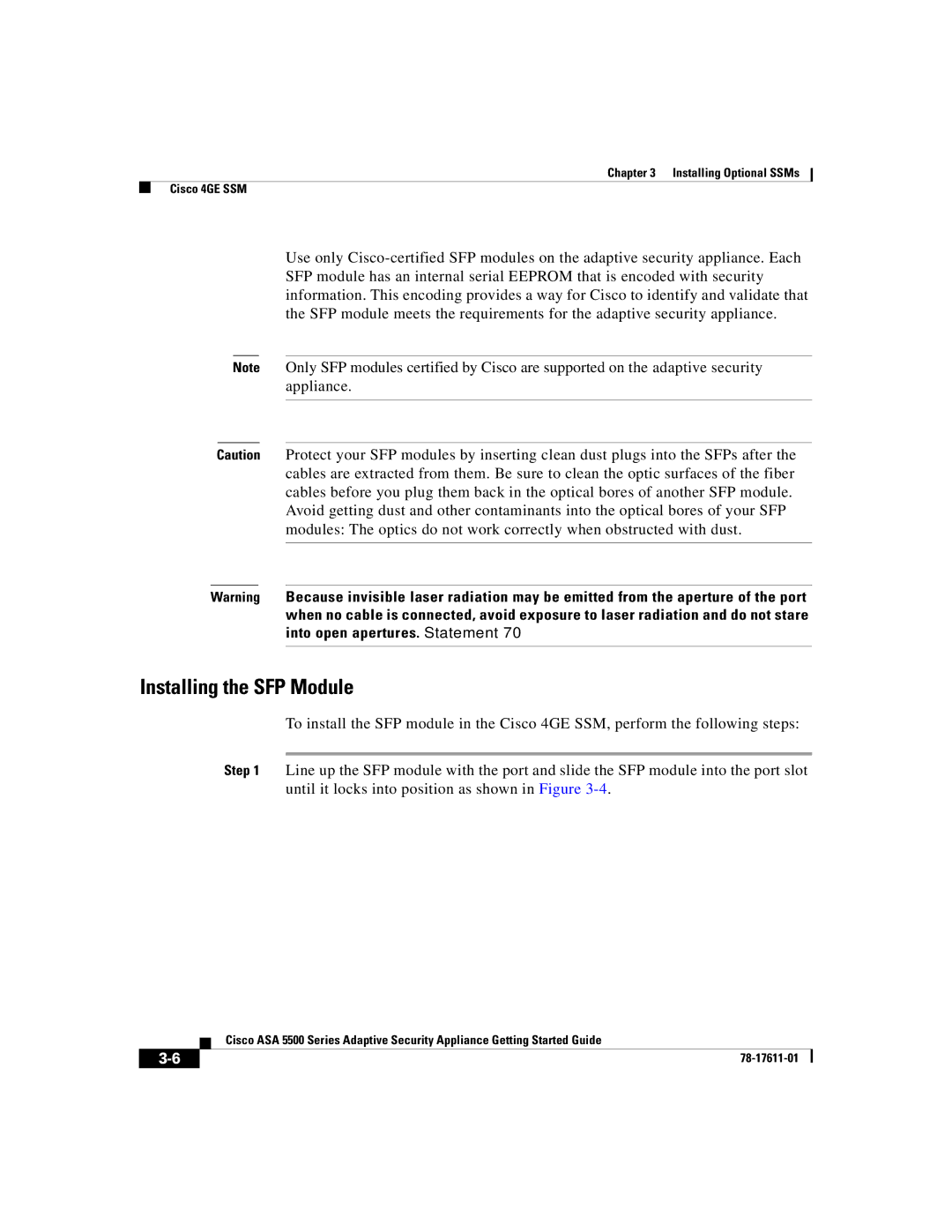 Cisco Systems ASA 5500 manual Installing the SFP Module 