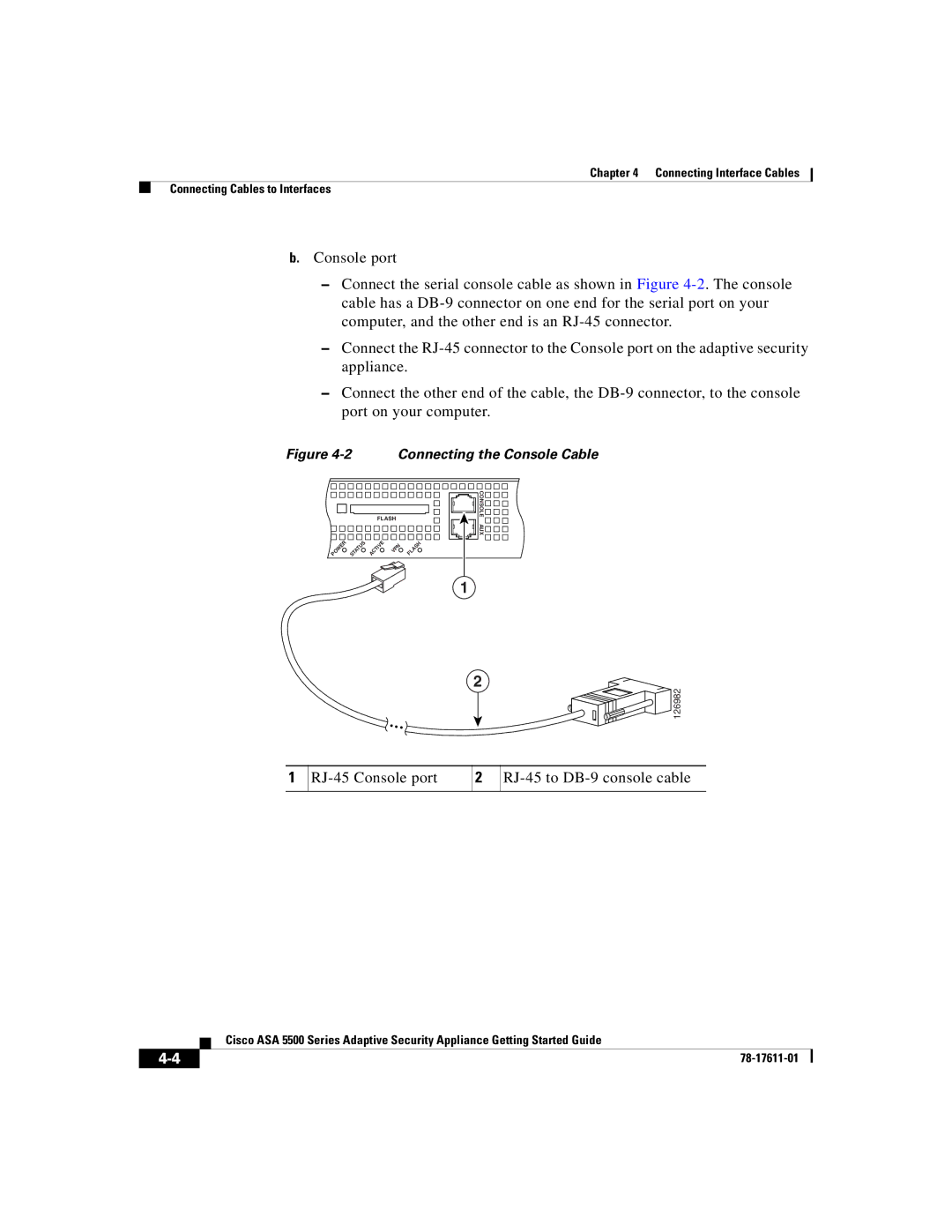 Cisco Systems ASA 5500 manual RJ-45 Console port RJ-45 to DB-9 console cable 