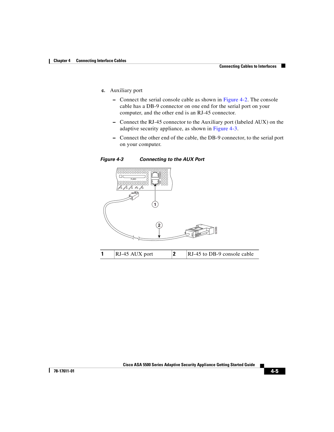 Cisco Systems ASA 5500 manual RJ-45 AUX port RJ-45 to DB-9 console cable 