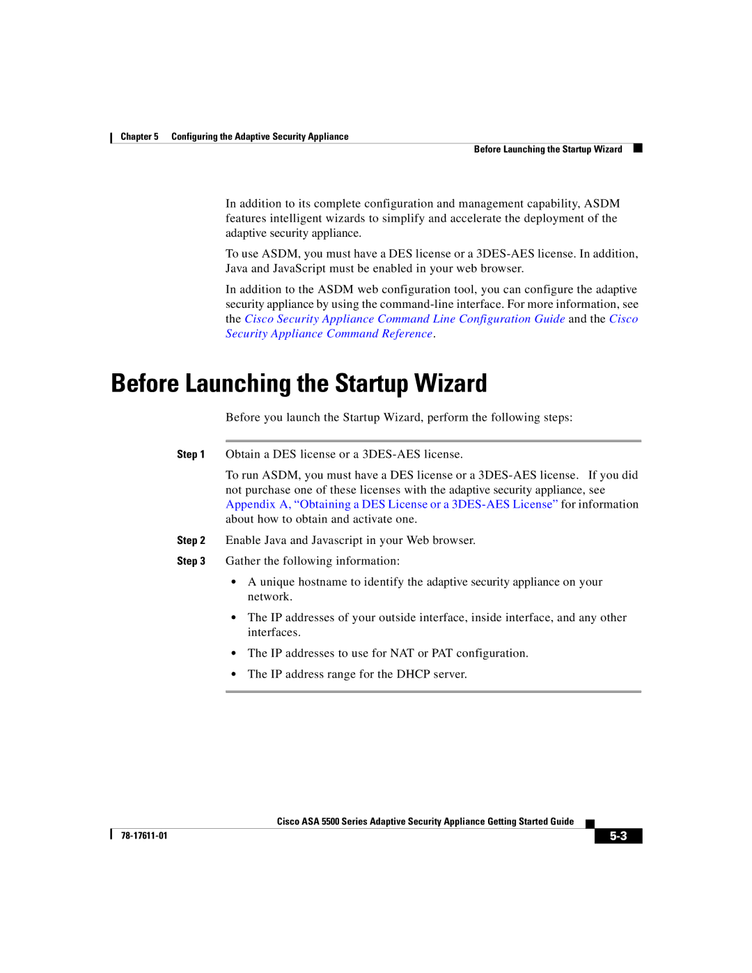 Cisco Systems ASA 5500 manual Before Launching the Startup Wizard 