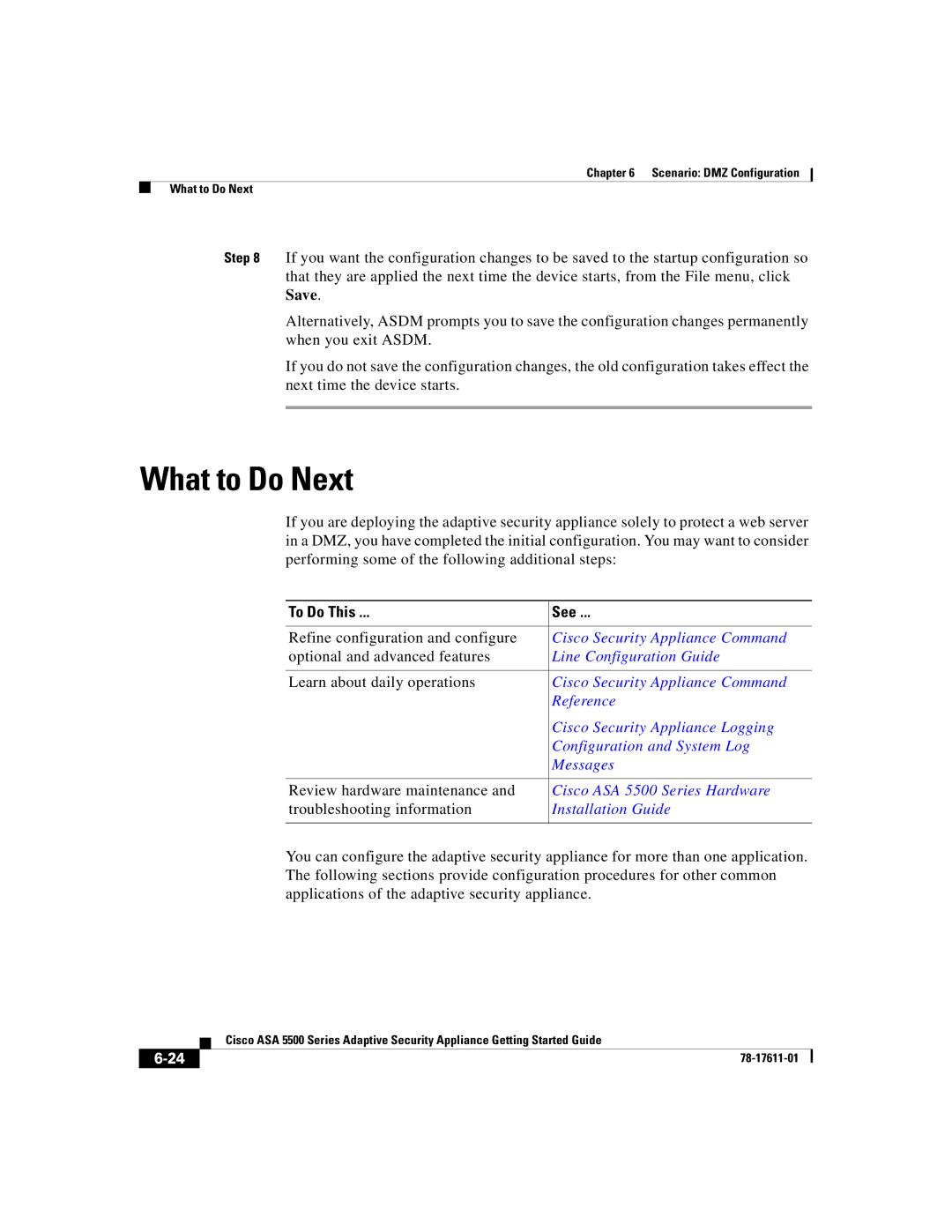 Cisco Systems ASA 5500 manual Scenario DMZ Configuration What to Do Next 