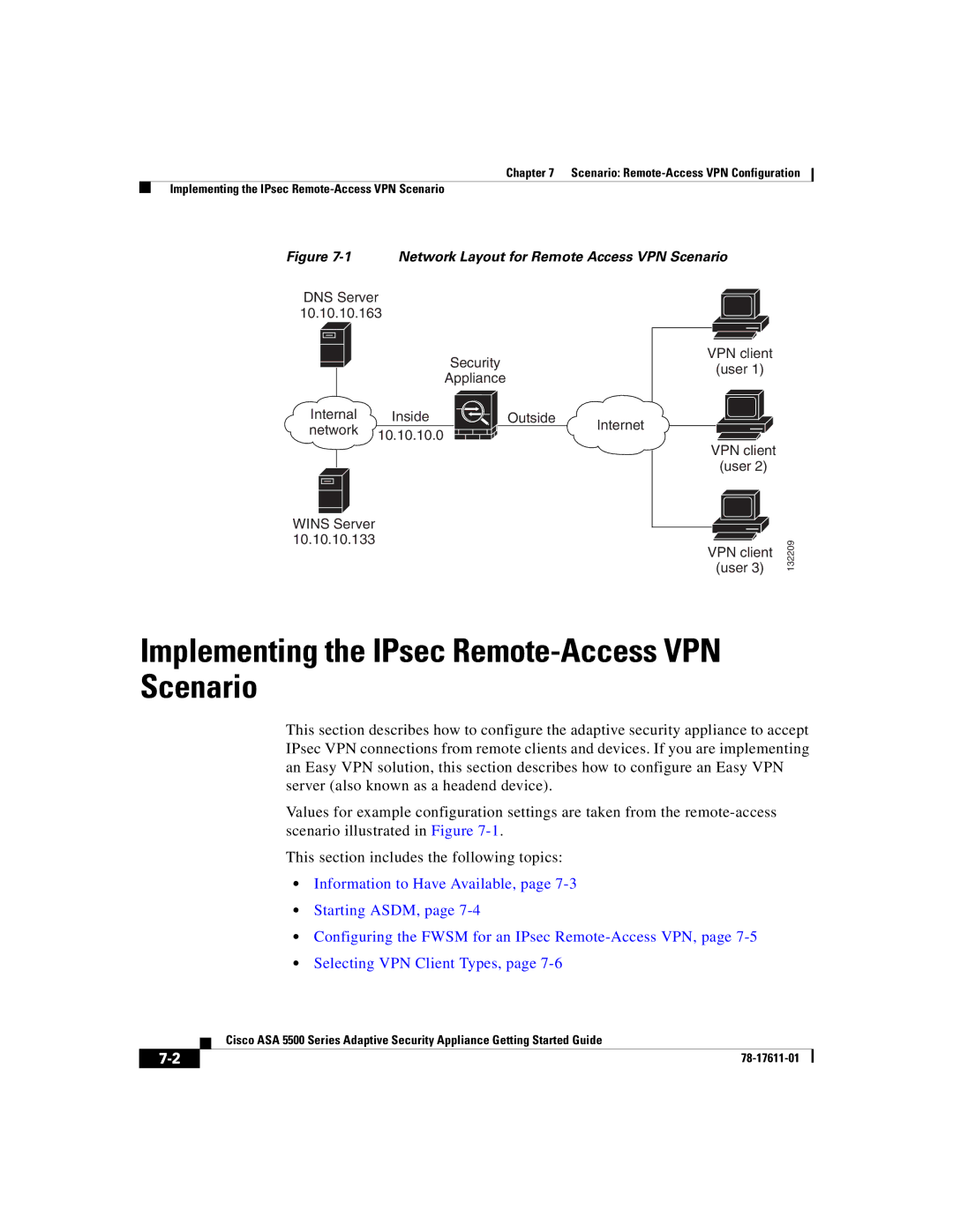 Cisco Systems ASA 5500 Implementing the IPsec Remote-Access VPN Scenario, Network Layout for Remote Access VPN Scenario 