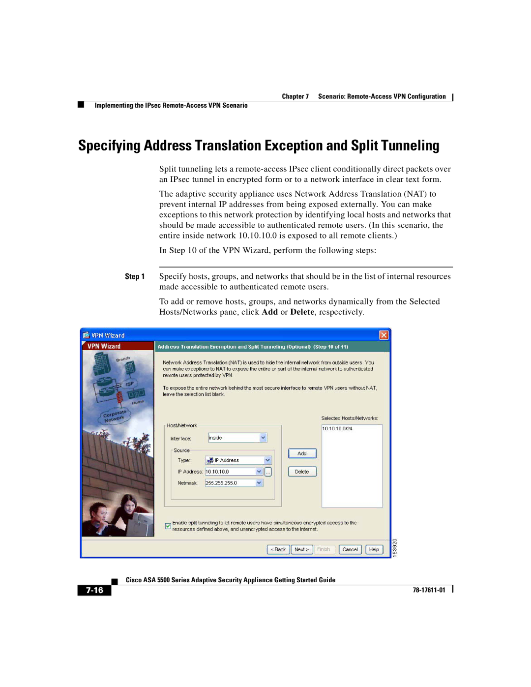 Cisco Systems ASA 5500 manual Specifying Address Translation Exception and Split Tunneling 