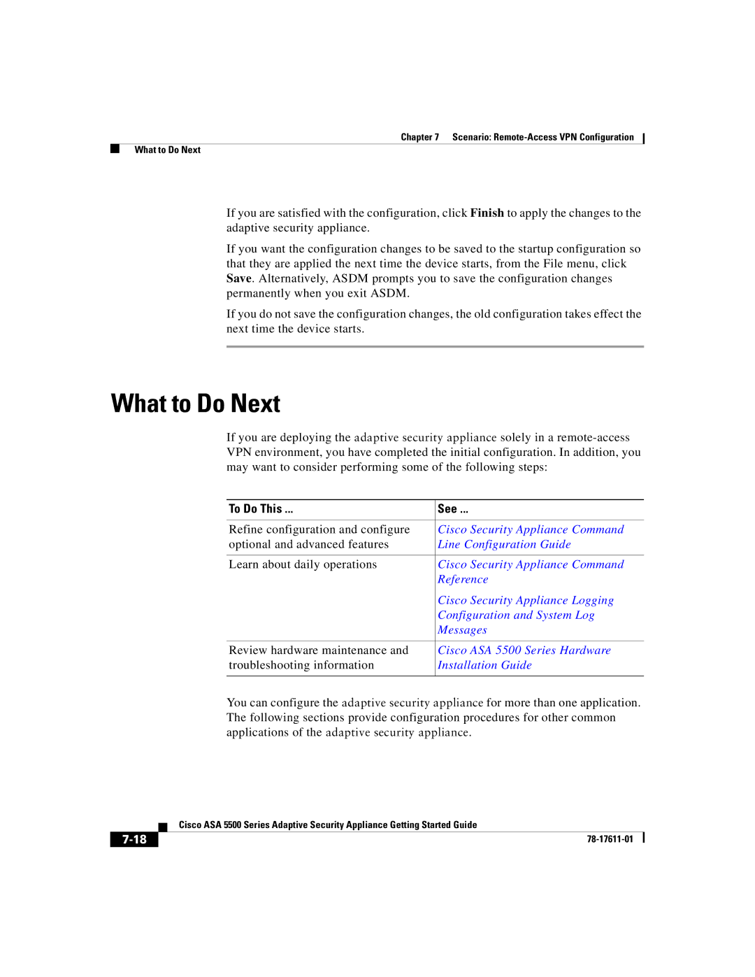 Cisco Systems ASA 5500 manual Scenario Remote-Access VPN Configuration What to Do Next 