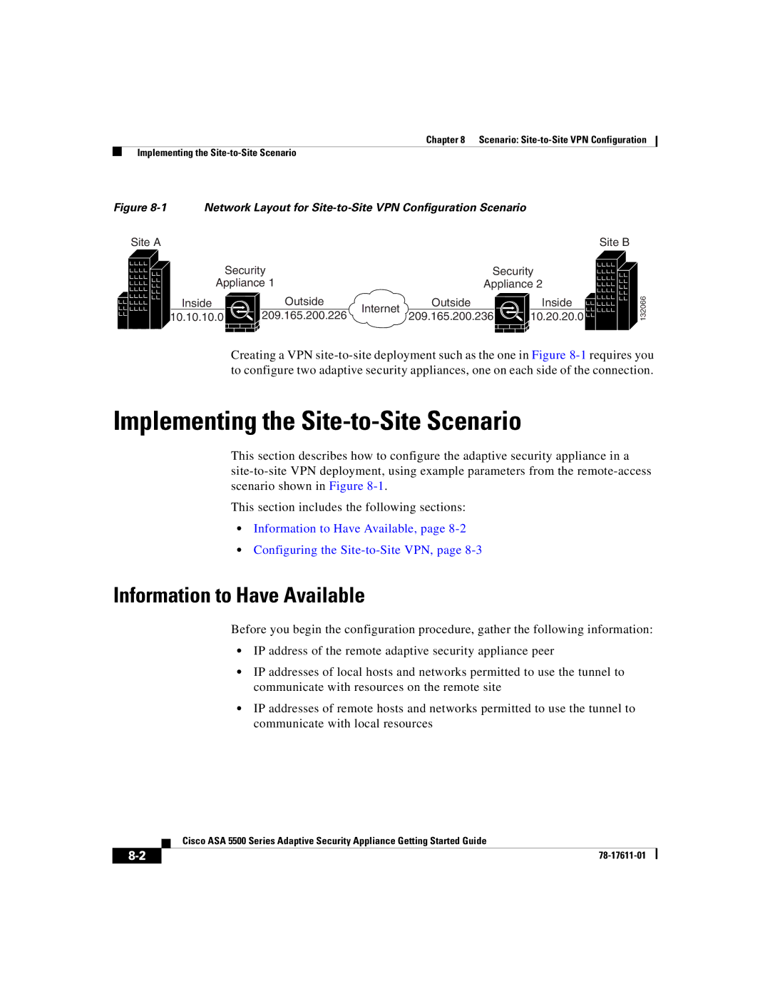 Cisco Systems ASA 5500 Implementing the Site-to-Site Scenario, Network Layout for Site-to-Site VPN Configuration Scenario 