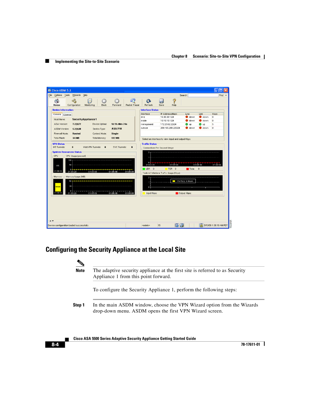 Cisco Systems ASA 5500 manual Configuring the Security Appliance at the Local Site 