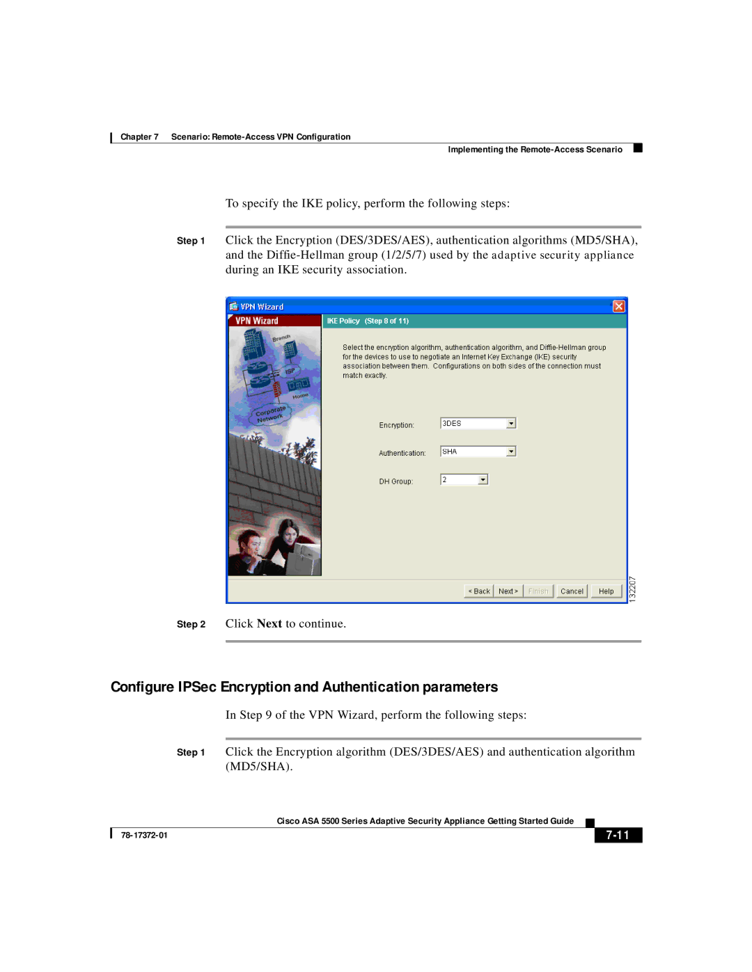 Cisco Systems ASA 5500 manual Configure IPSec Encryption and Authentication parameters 